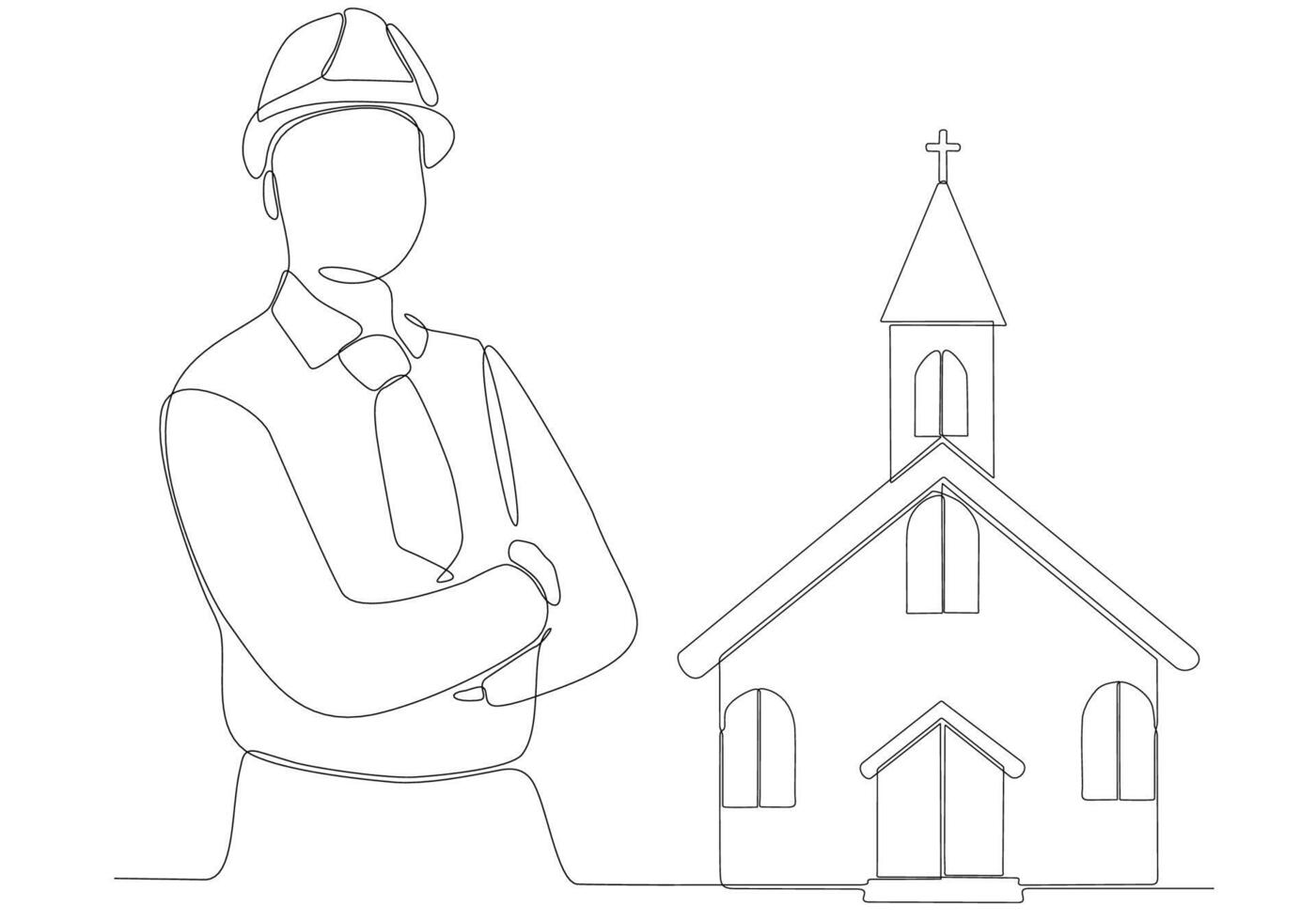 continuous line male architect building church vector illustration