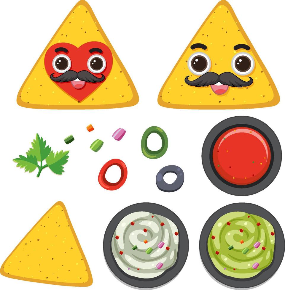 conjunto de nachos y salsa aislado vector