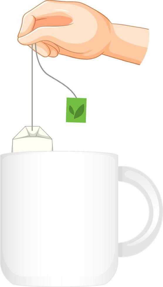 mano poniendo bolsita de té en una taza vector