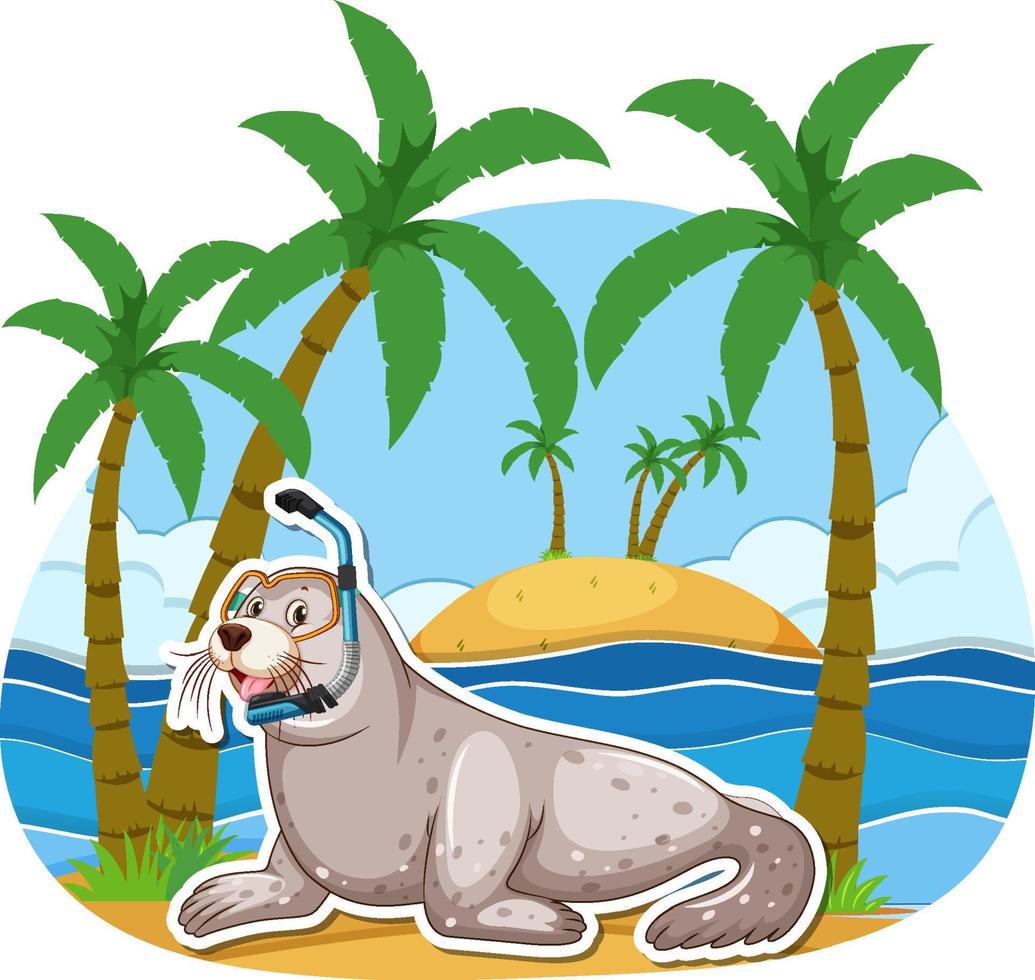 Cute seal wearing snorkel goggles on the beach vector