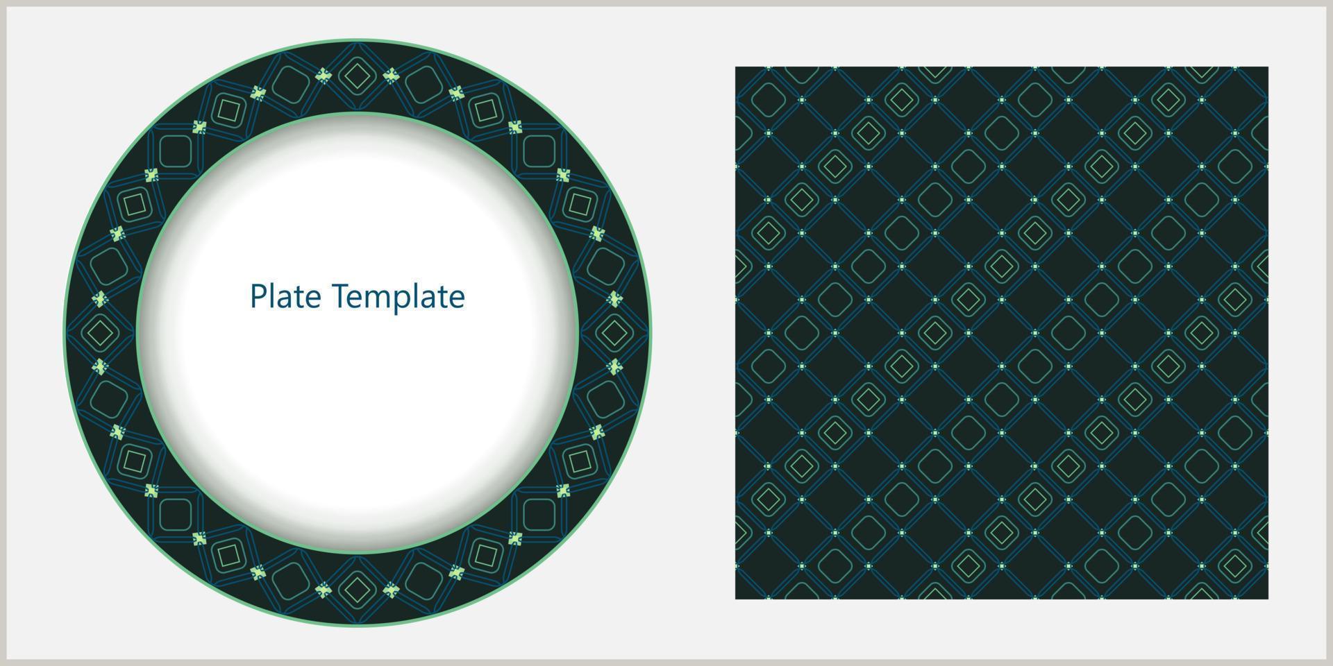 plantilla circular de placa con patrón geométrico fino. patrón sin costuras para un diseño adicional. Se utilizan cuadrados redondeados, rombos, cuadrícula diagonal, líneas finas. colores verdes vector. vector