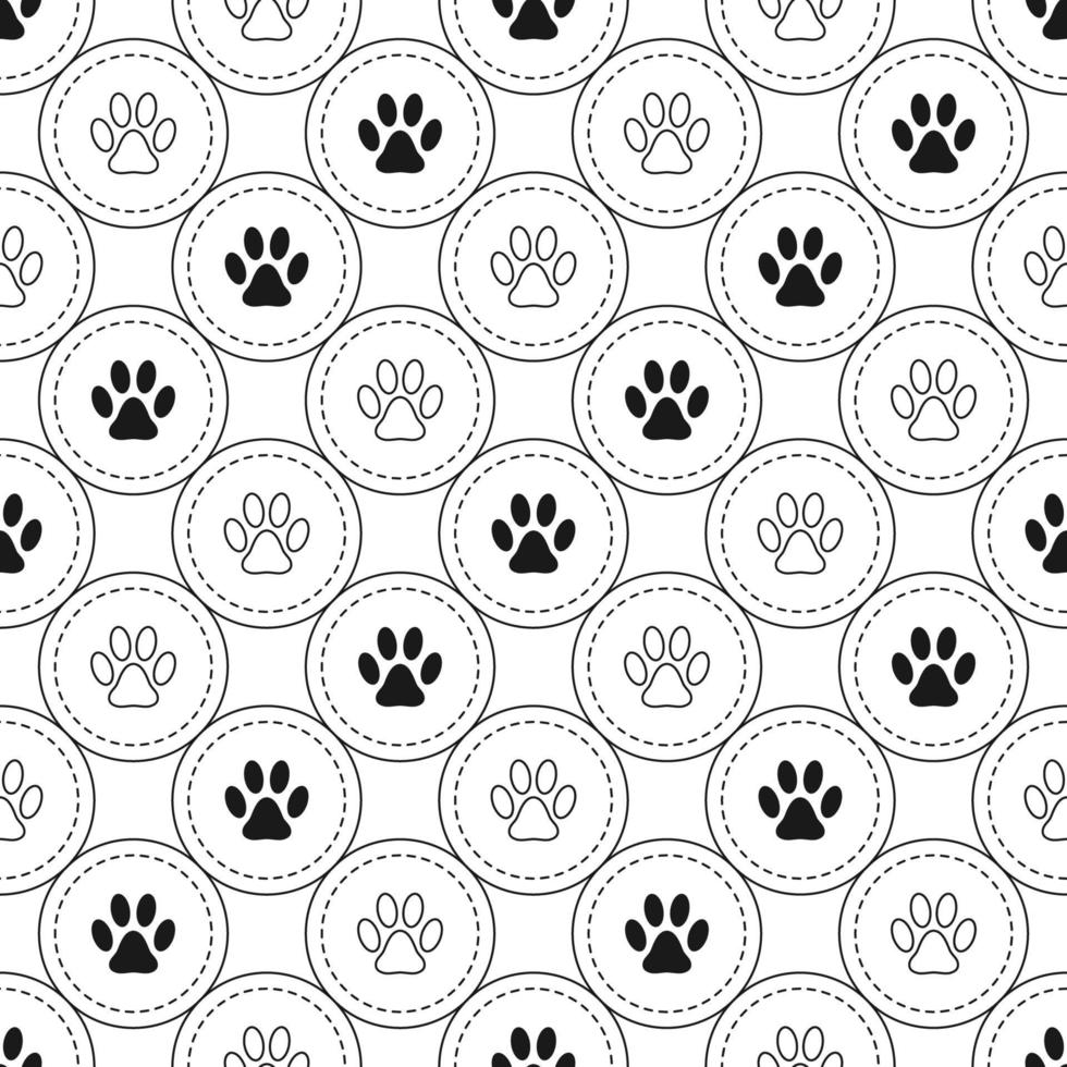 Seamless pattern background with footprints of home pet in circles, diagonal direction. Black and white. Vector. vector