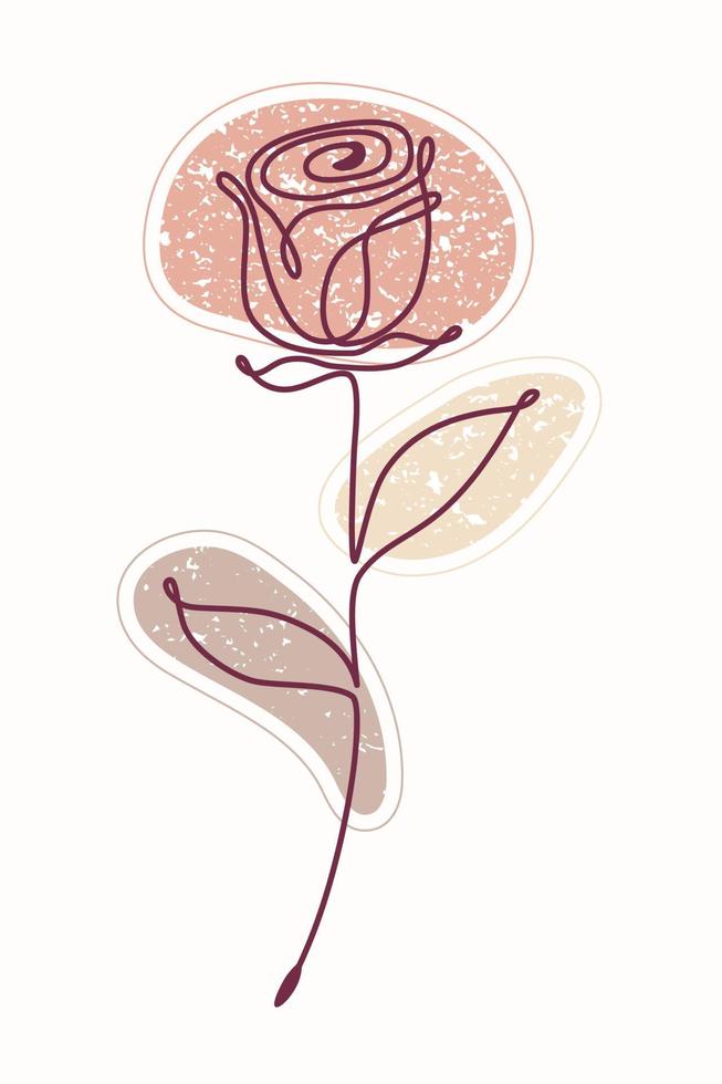 Single line drawing of rose with textured color spots. Vector hand drawn line art style. Textured background