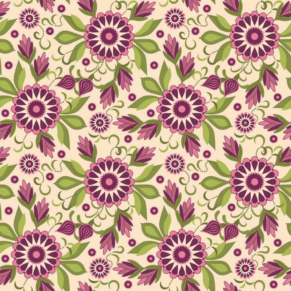 Seamless pattern with simple floral elements, buds, dahlia flowers, leaves, tendrils. vector