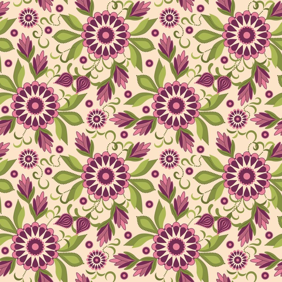 Seamless pattern with simple floral elements, buds, dahlia flowers, leaves, tendrils. vector