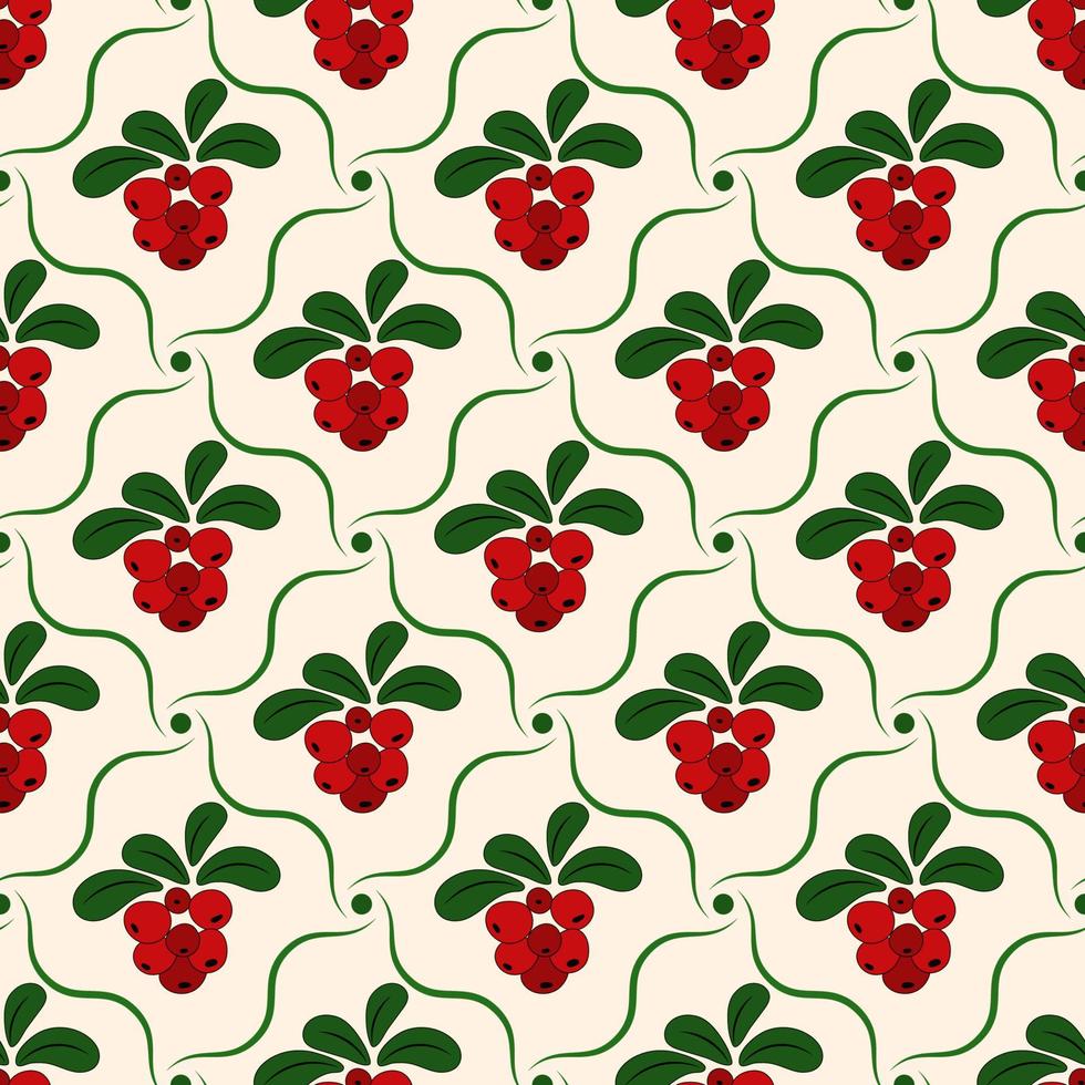 Seamless rhombus pattern with cowberries in diagonal wavy grid. Good for kitchen, home decoration vector