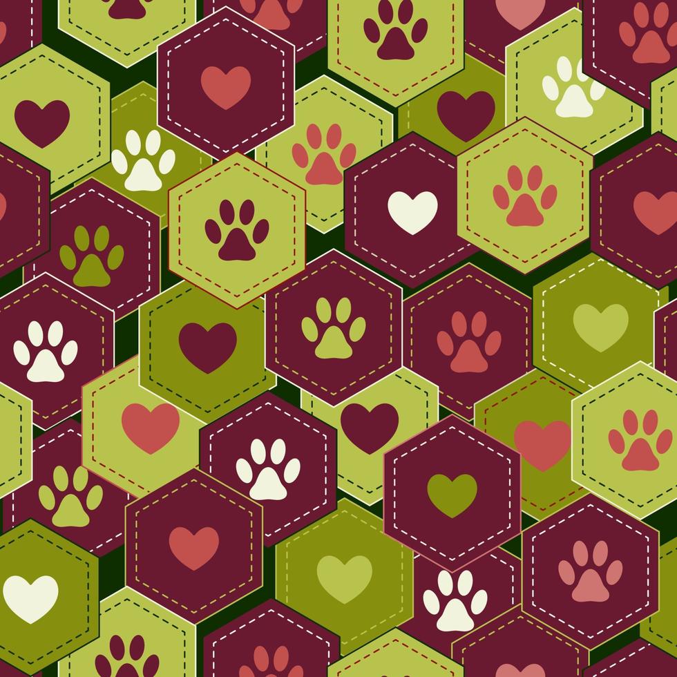 fondo transparente con corazones y huellas de mascotas caseras en hexágonos. vector. Bueno para la decoración de envolturas, productos para mascotas. vector