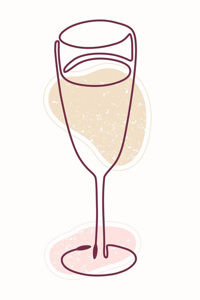Single line drawing of wineglass with textured color shapes. Vector hand drawn line art style. Vector illustration