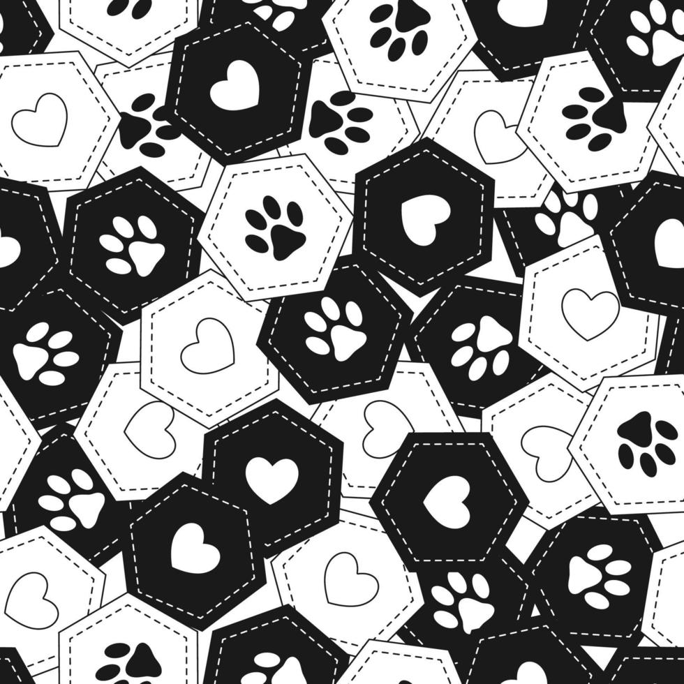 Seamless pattern background with hearts and footprints of home pet in chaotic overlapping hexagons. Good for decoration of wrap, goods for pets. Balck and white. Vector. vector