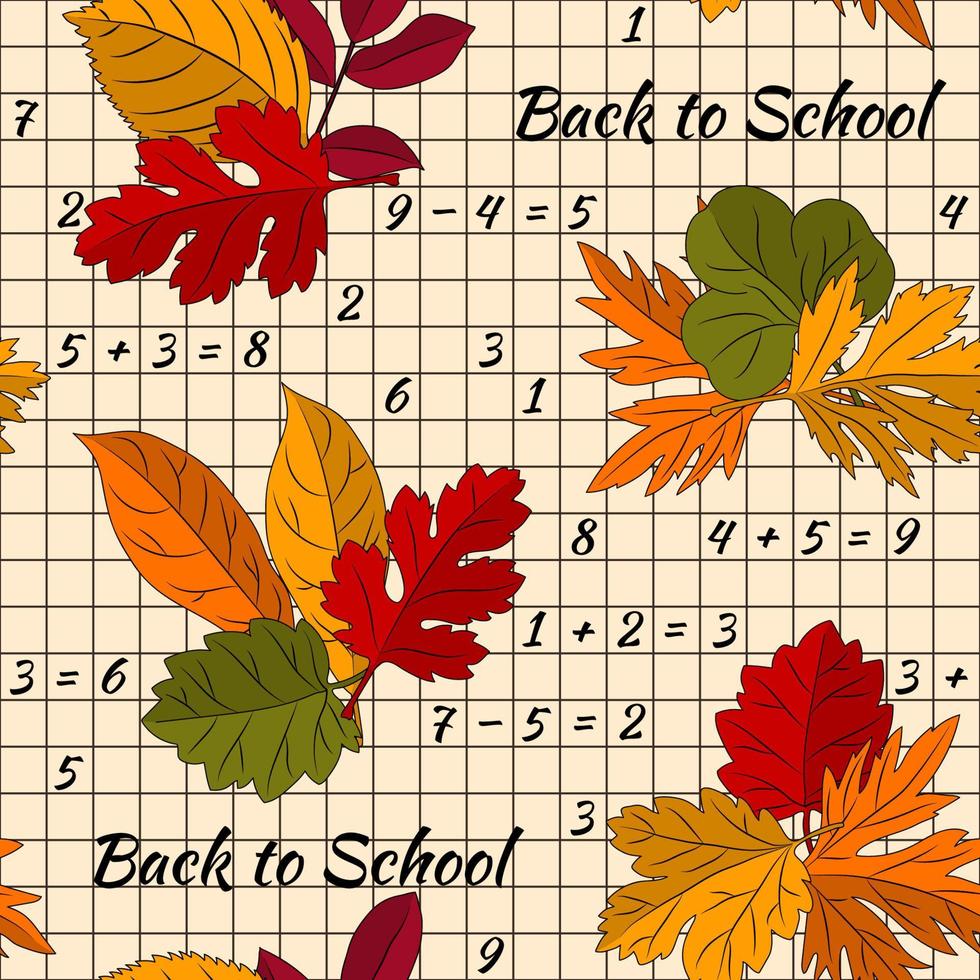 patrón sin costuras con hojas de otoño en la cuadrícula del cuaderno con números y frases de regreso a la escuela. colores cálidos de otoño. vector. vector