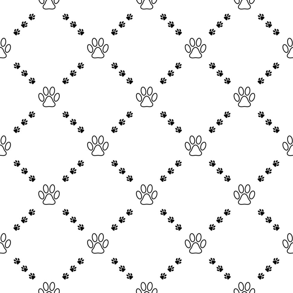 Simple seamless vector pattern with paw prints in rhombus grid. Black on white. Good for cats goods decoration