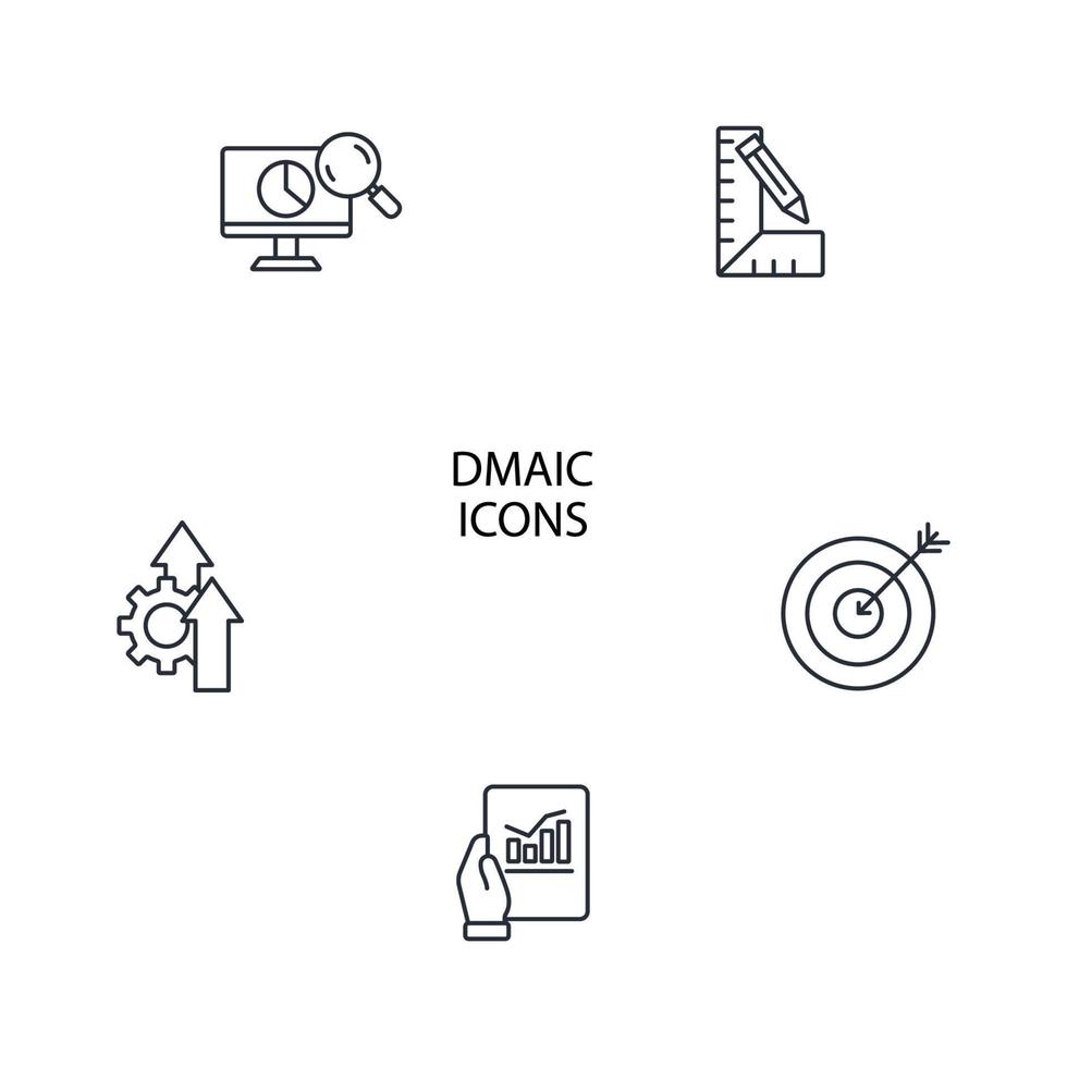 dmaic es un acrónimo de definir, medir, analizar, mejorar y controlar el conjunto de iconos. dmaic es un acrónimo para definir, medir, analizar, mejorar y controlar los elementos vectoriales de símbolos del paquete para la web infográfica vector