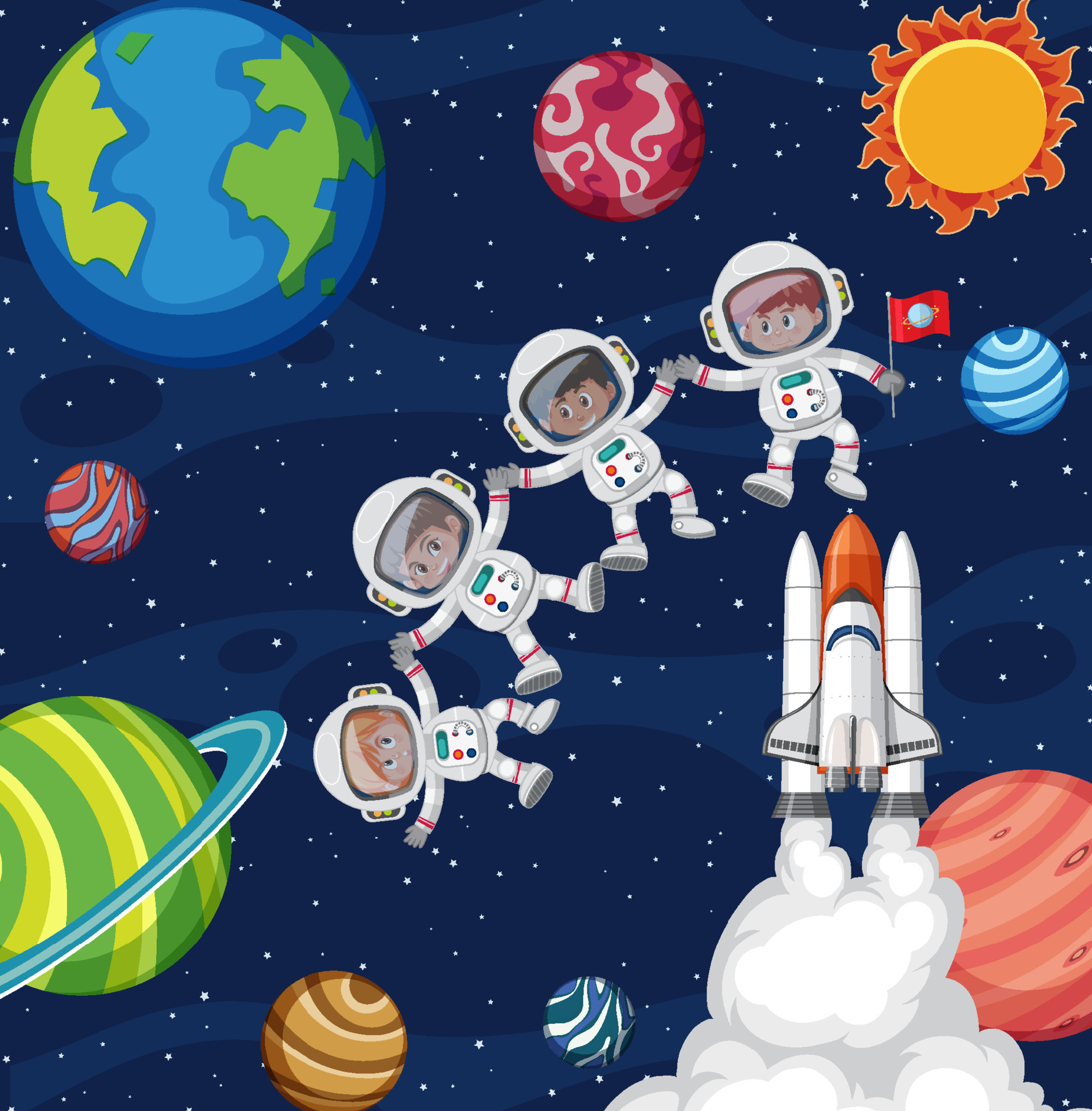 Cartoon space background with astronauts 10519502 Vector Art at Vecteezy