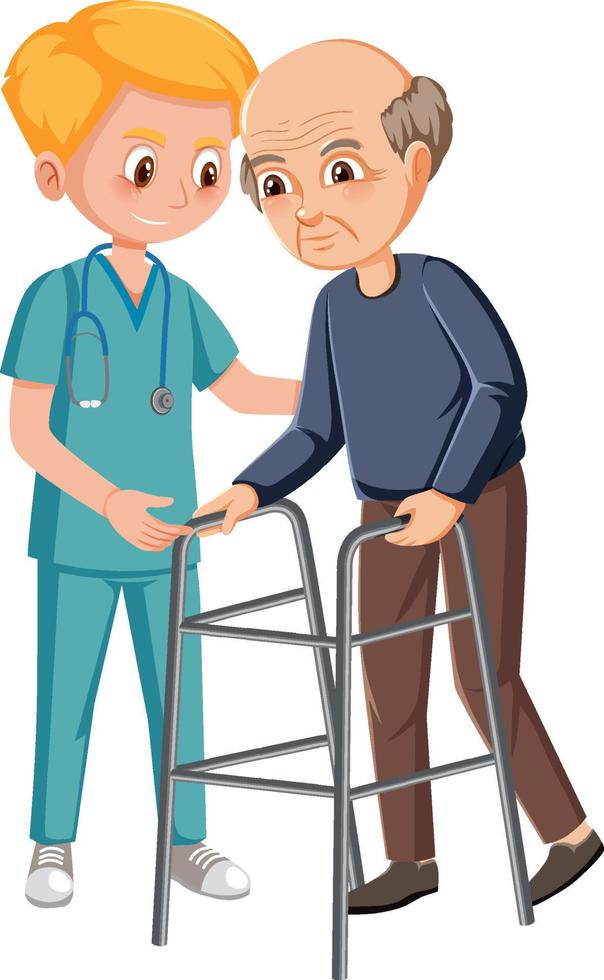 Elderly man with walker and nurse man vector