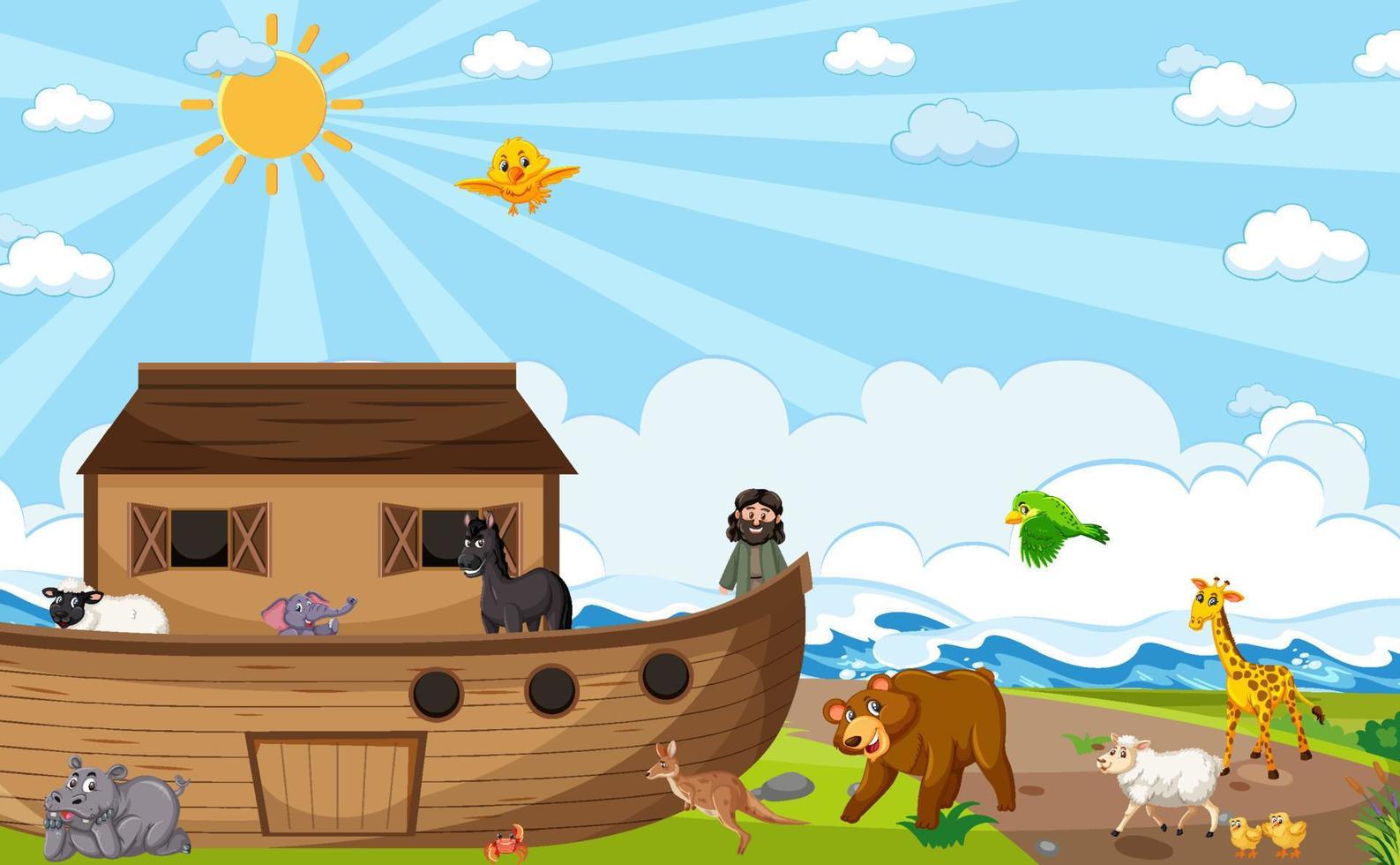arca de noé con animales salvajes en la escena de la naturaleza vector