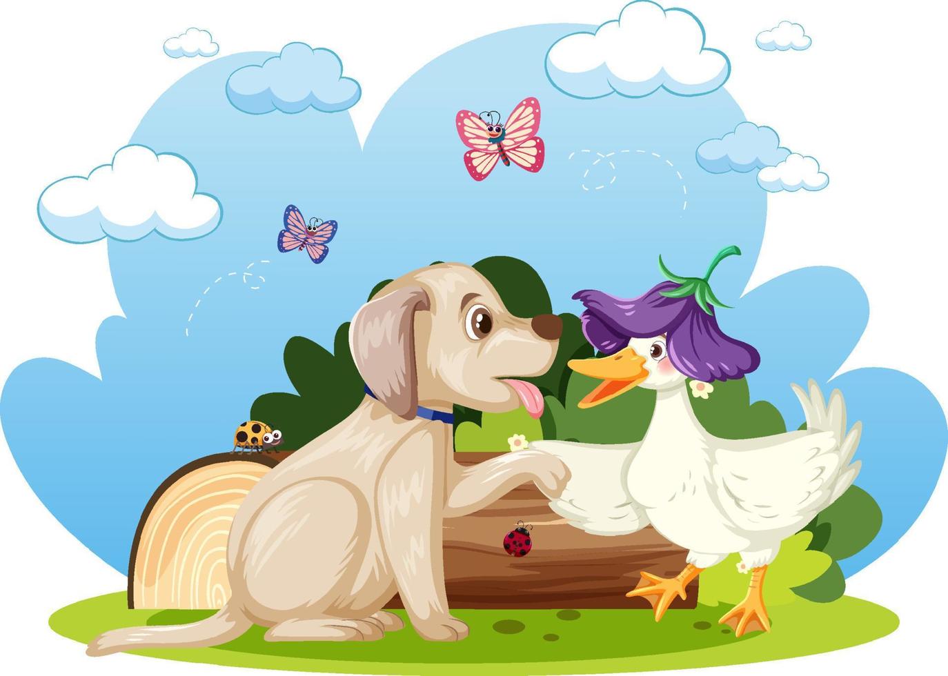 Cute dog and duck shaking hands vector