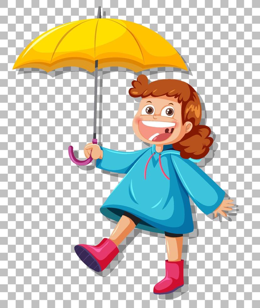 Happy girl wearing raincoat holding umbrella on grid background
