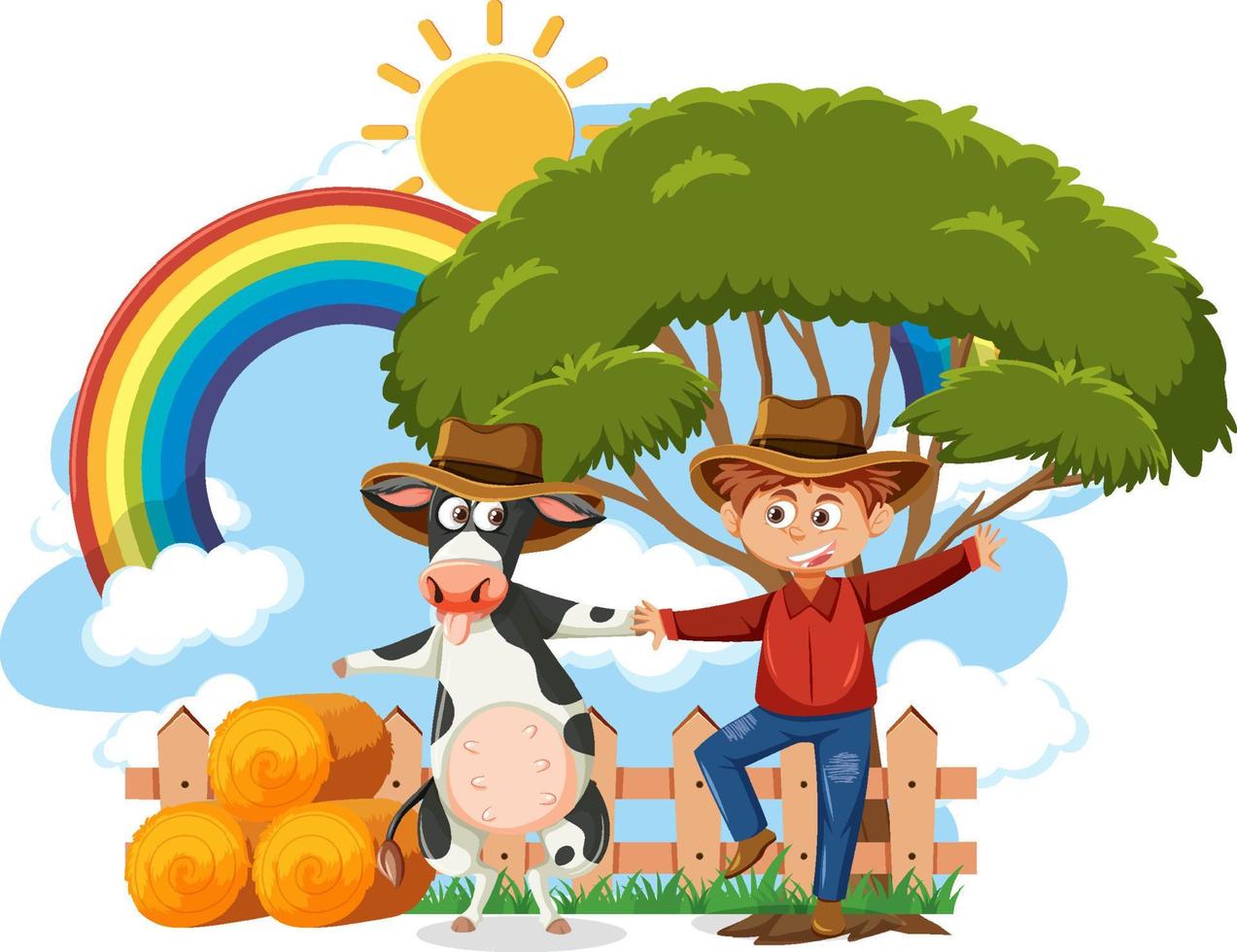 Cowboy and cow dancing cartoon character vector
