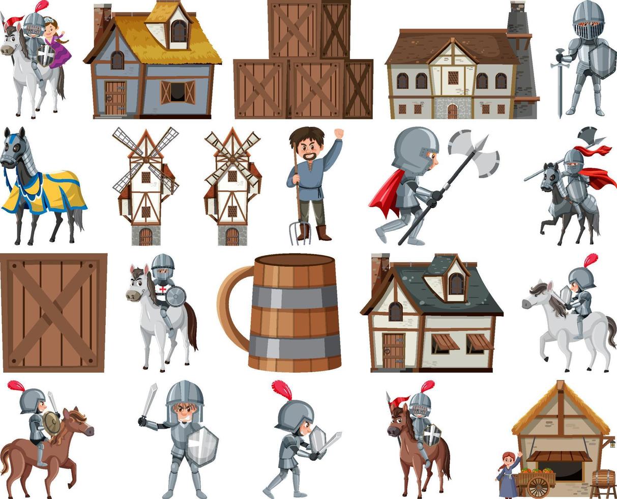 Medieval cartoon characters and objects vector