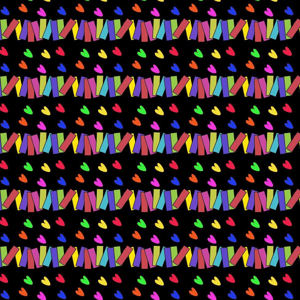 corazones multicolores vectoriales y un patrón geométrico rectangular sin costuras en negro vector