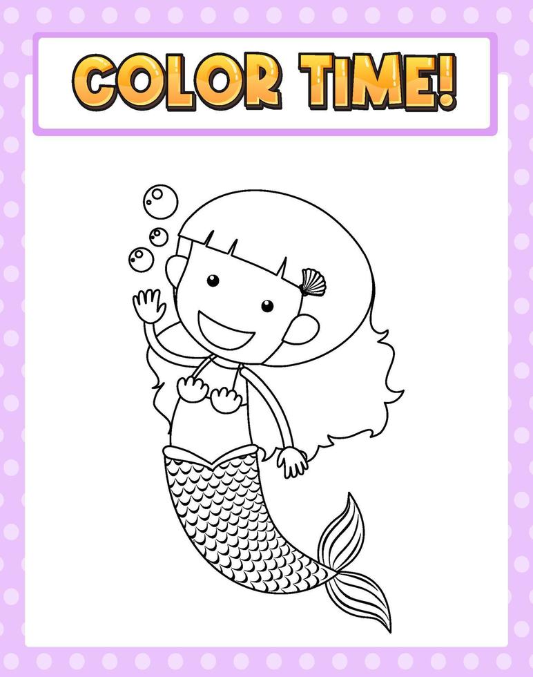 Worksheets template with color time text and mermaid outline vector