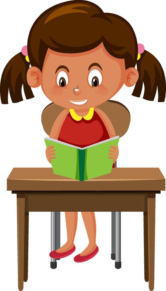 Girl reading book on school desk vector