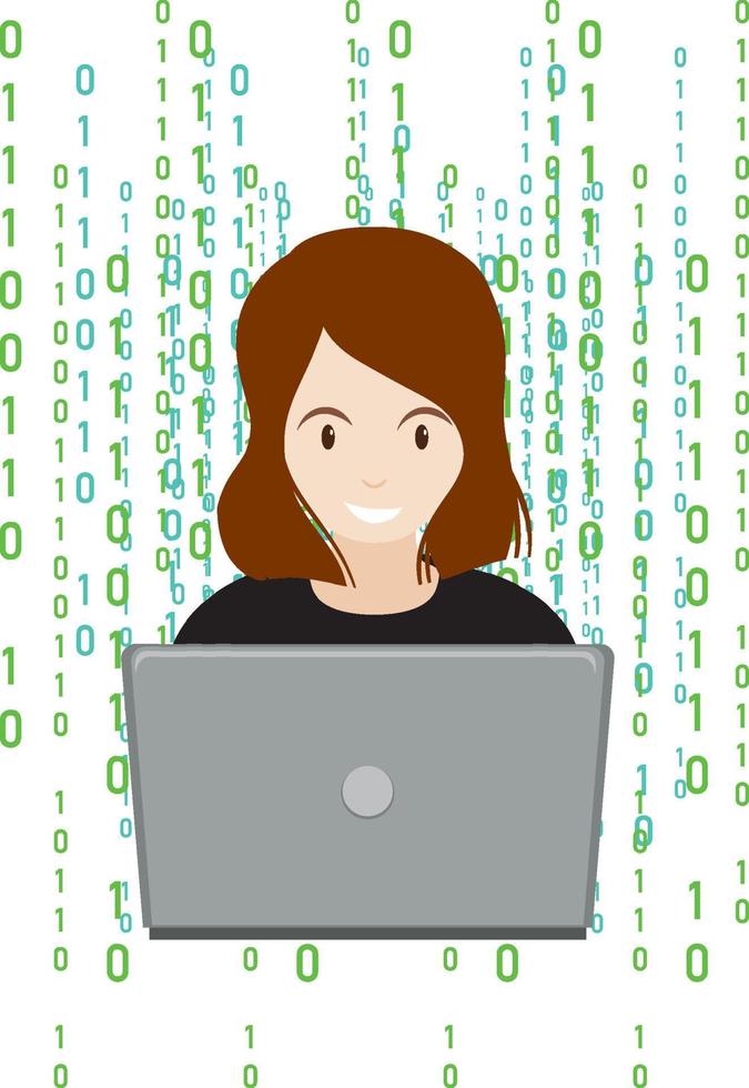 A woman using laptop with binary code vector