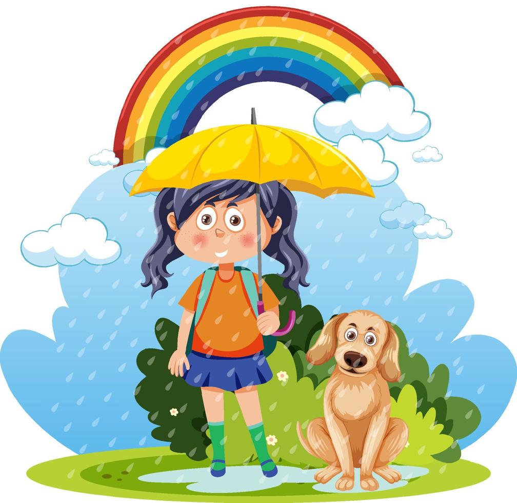 A girl holding umbrella with a dog vector