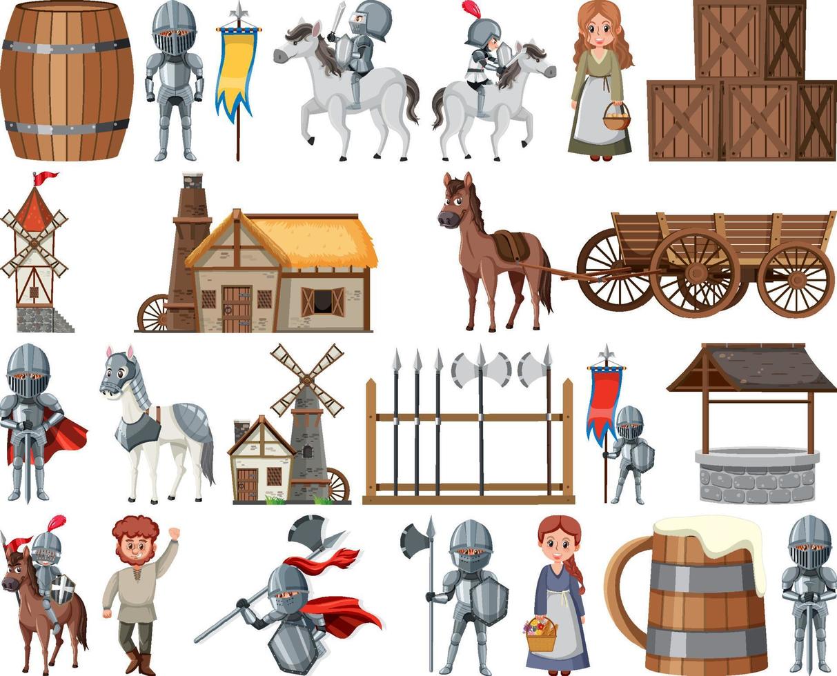 Medieval cartoon characters and objects vector