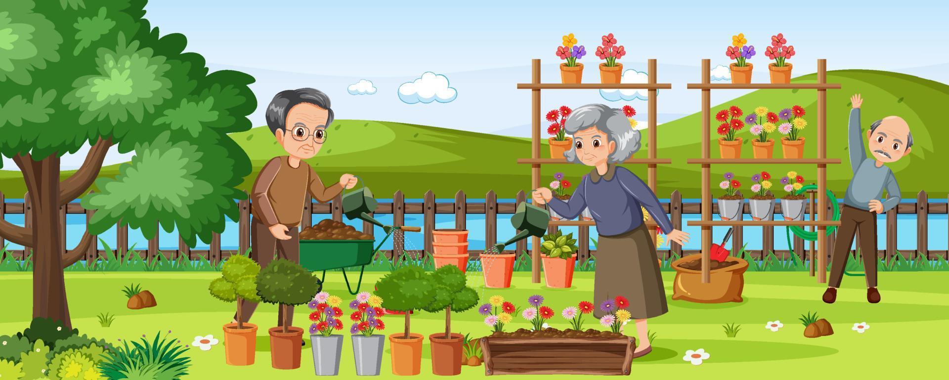 Elderly couple gardening on white background vector