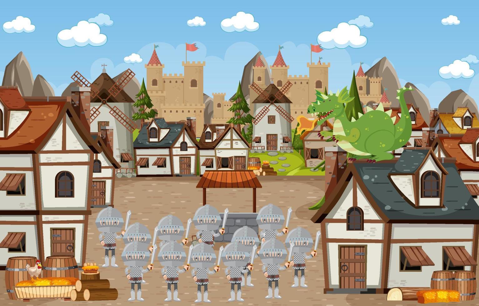 Medieval village scene castle background vector
