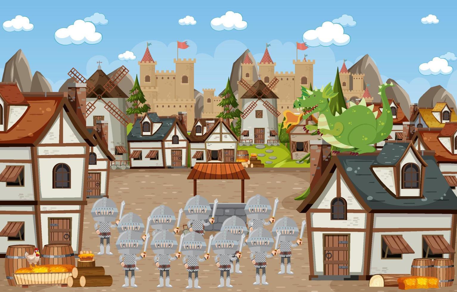 fondo de castillo de escena de pueblo medieval vector