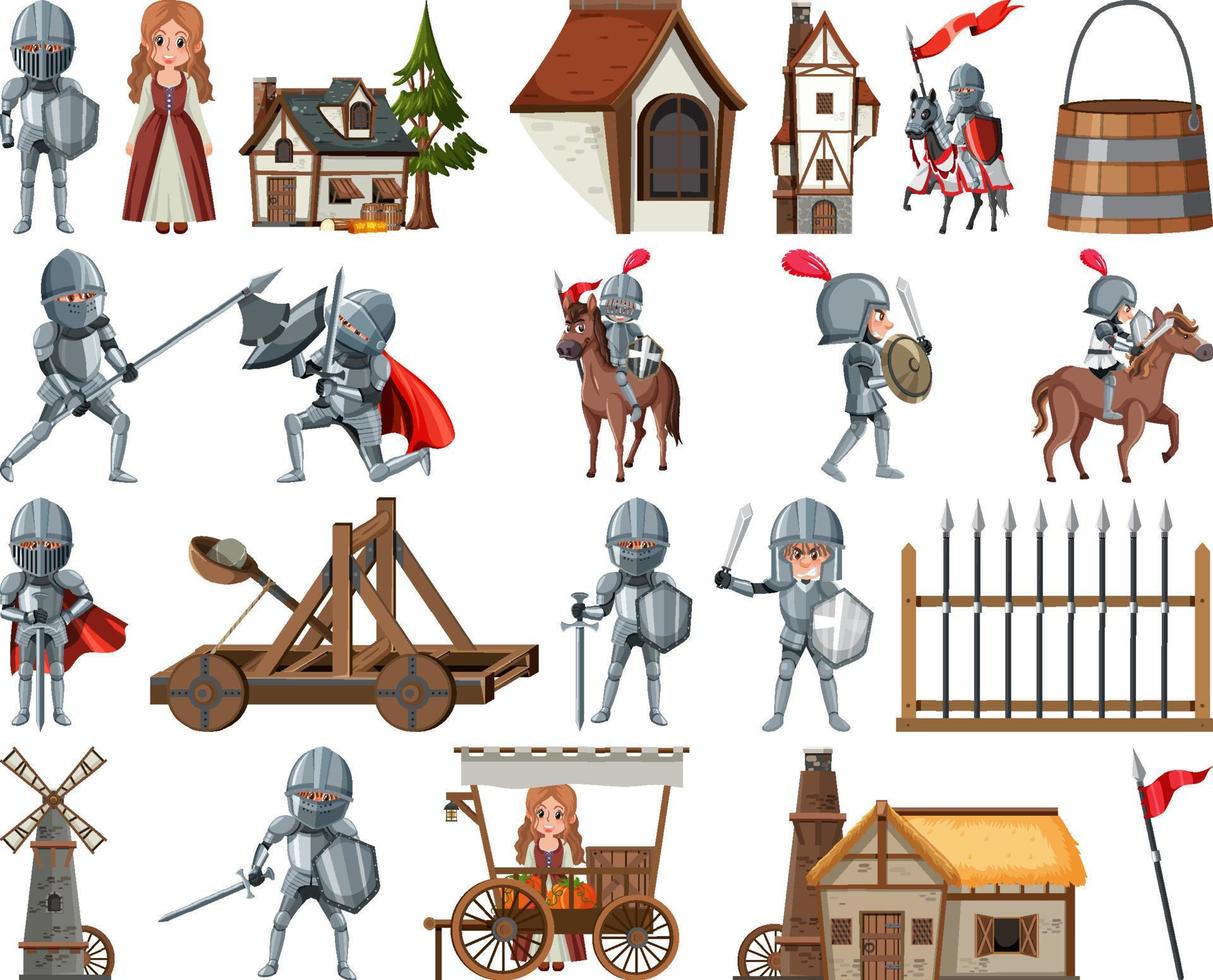 Medieval cartoon characters and objects vector