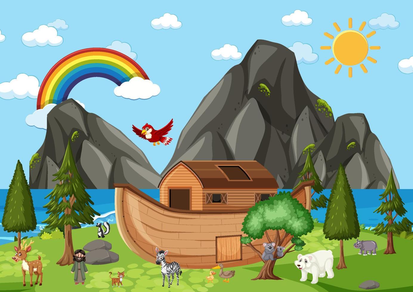 Noah's Ark with wild animals in nature scene vector