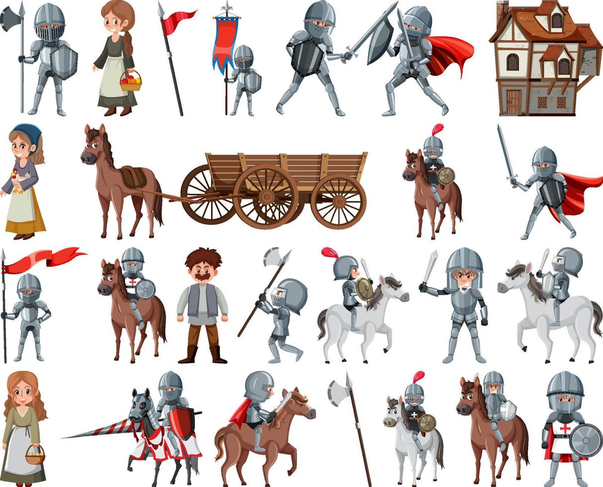 Medieval cartoon characters and objects vector