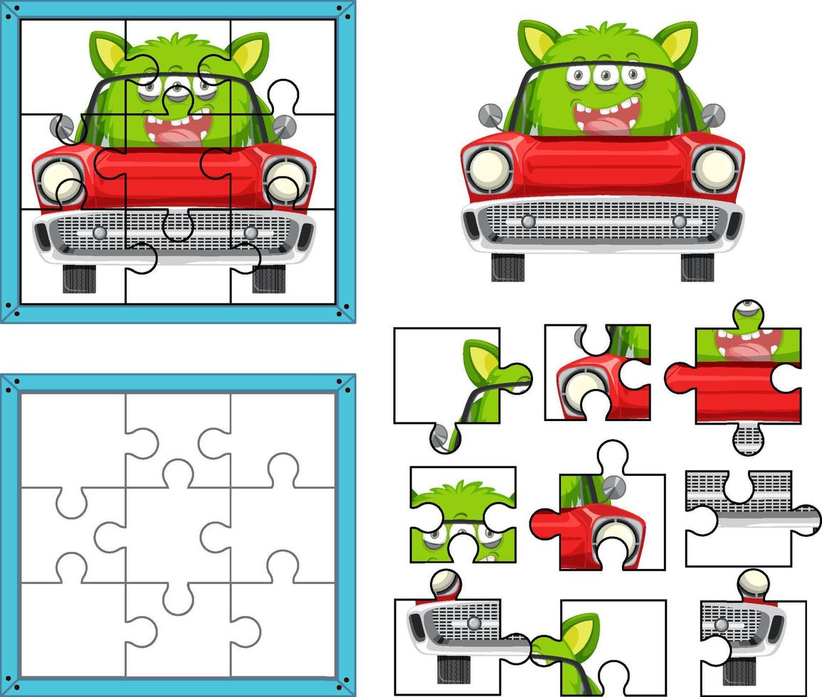 A monster driving a car photo puzzle game template vector