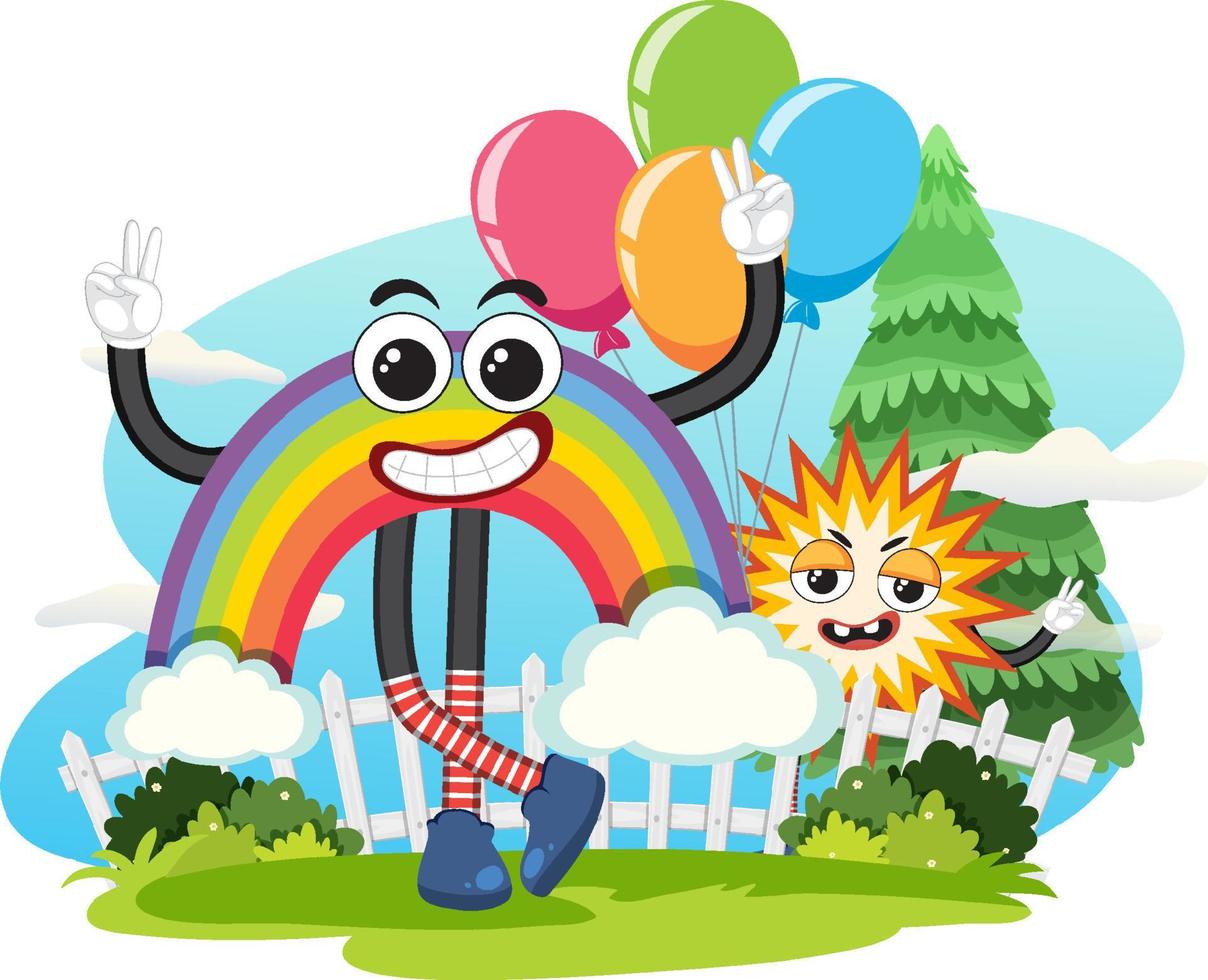 Funny food cartoon character in garden banner vector