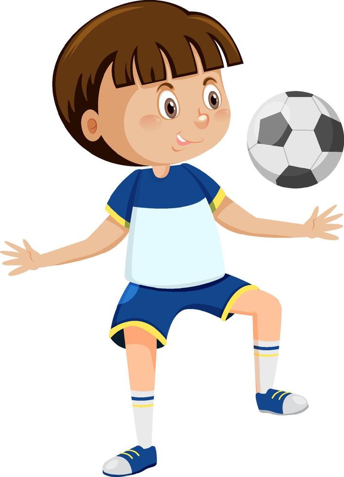 lindo, niño, juego, fútbol, caricatura vector