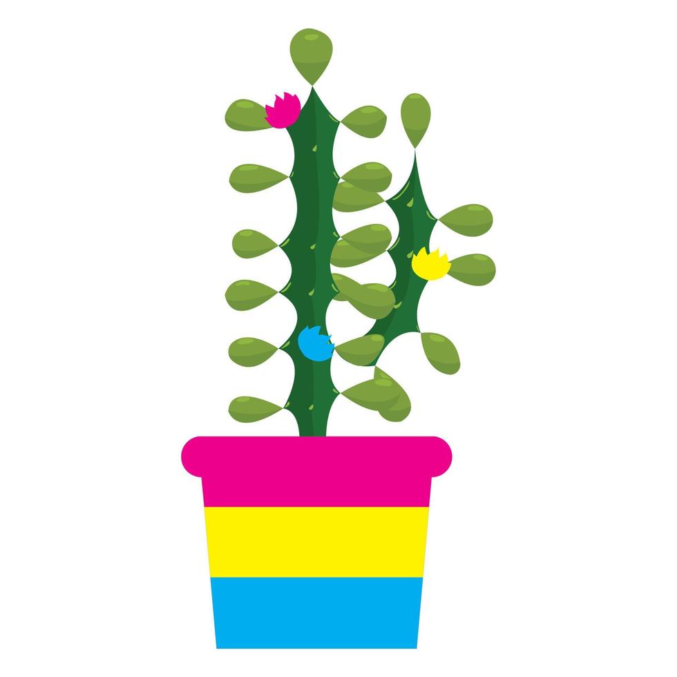 Cactus in a pot painted in the colors of the pansexual flag. Vector stock illustration isolated on white background.