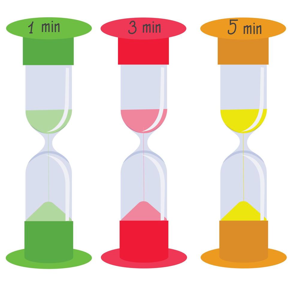 The hourglass is green, red, yellow for one, three and five minutes. Vector illustration.