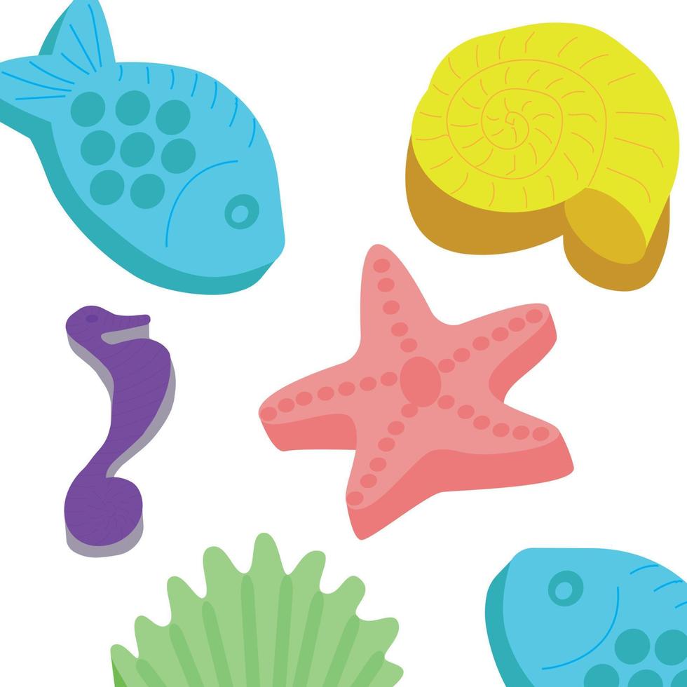 Seamless pattern of seahorses and starfish, seashells. Vector illustration.