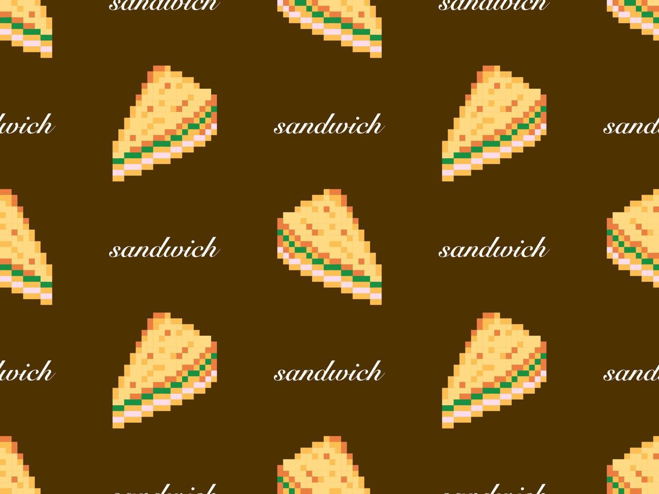 Sandwich cartoon character seamless pattern on brown background. Pixel style vector