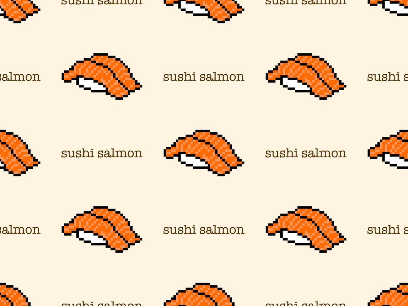 Sushi salmon cartoon character seamless pattern on yellow background. Pixel style vector