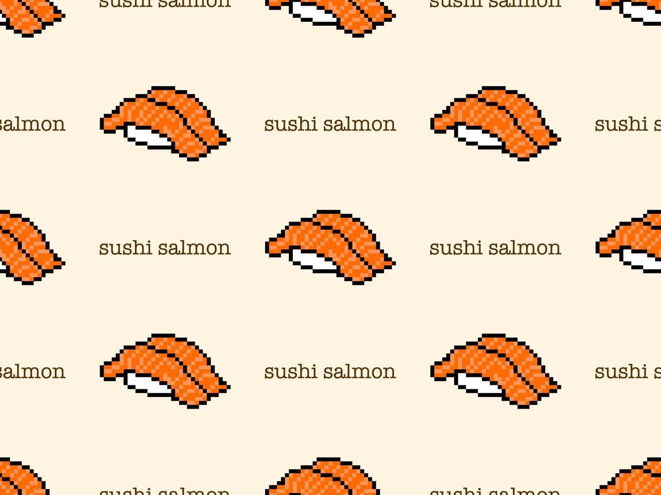 sushi salmón personaje de dibujos animados de patrones sin fisuras sobre fondo amarillo. estilo de píxel vector