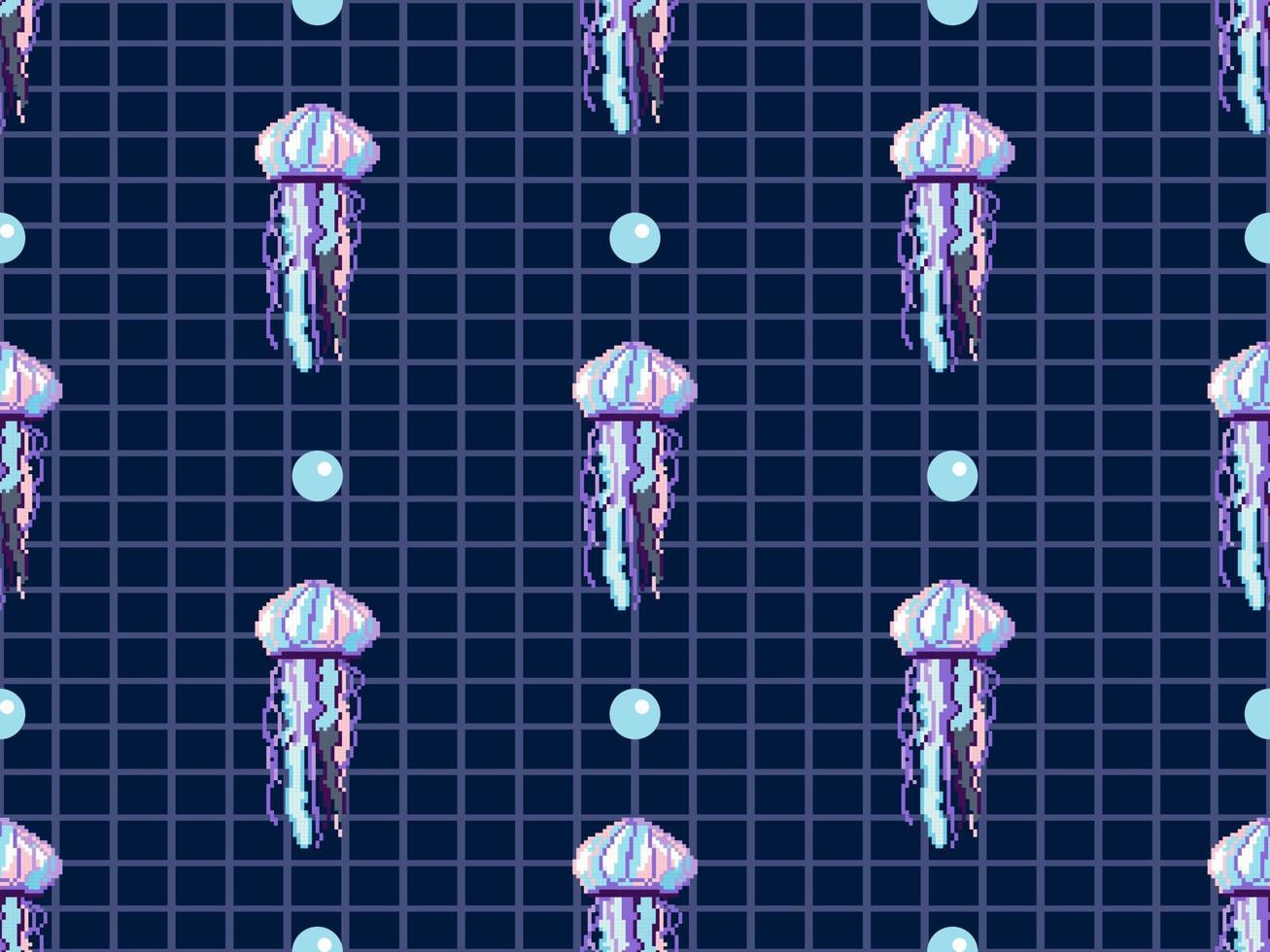 Jellyfish cartoon character seamless pattern on blue background. Pixel style vector