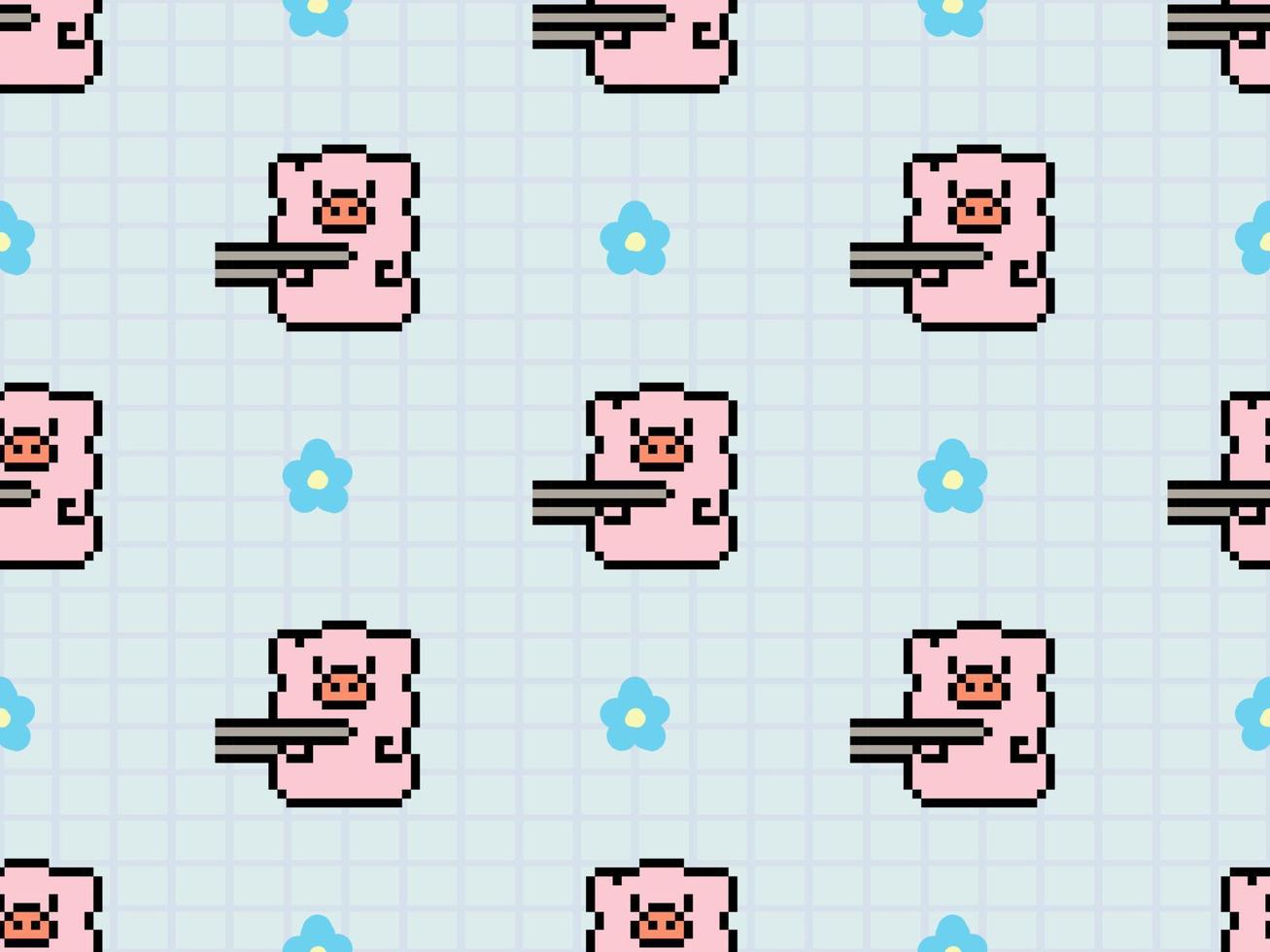 Pig cartoon character seamless pattern on blue background. Pixel style vector