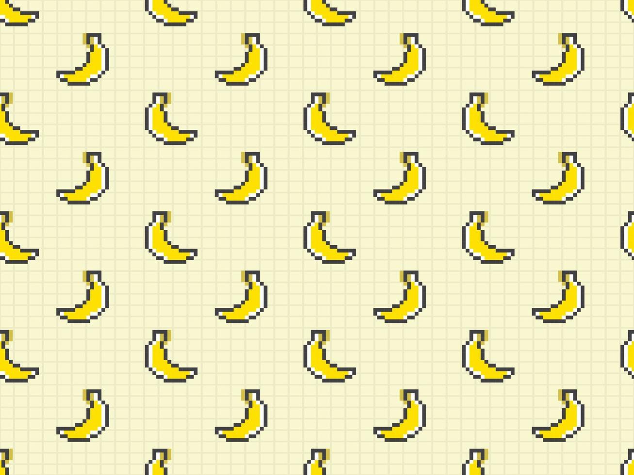 Banana cartoon character seamless pattern on yellow background. Pixel style vector