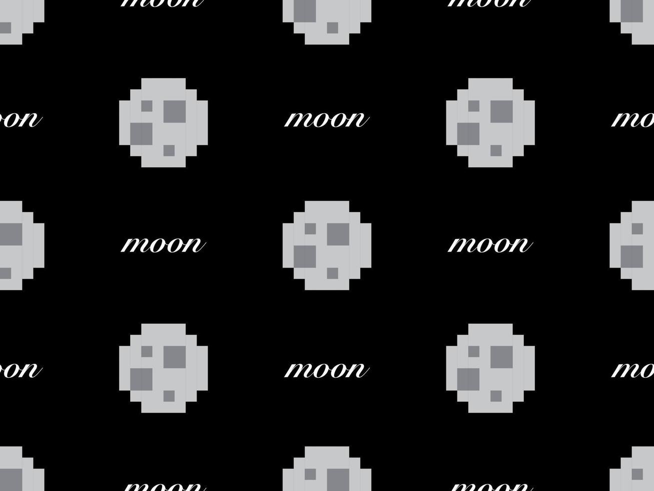 Moon cartoon character seamless pattern on black background. Pixel style vector