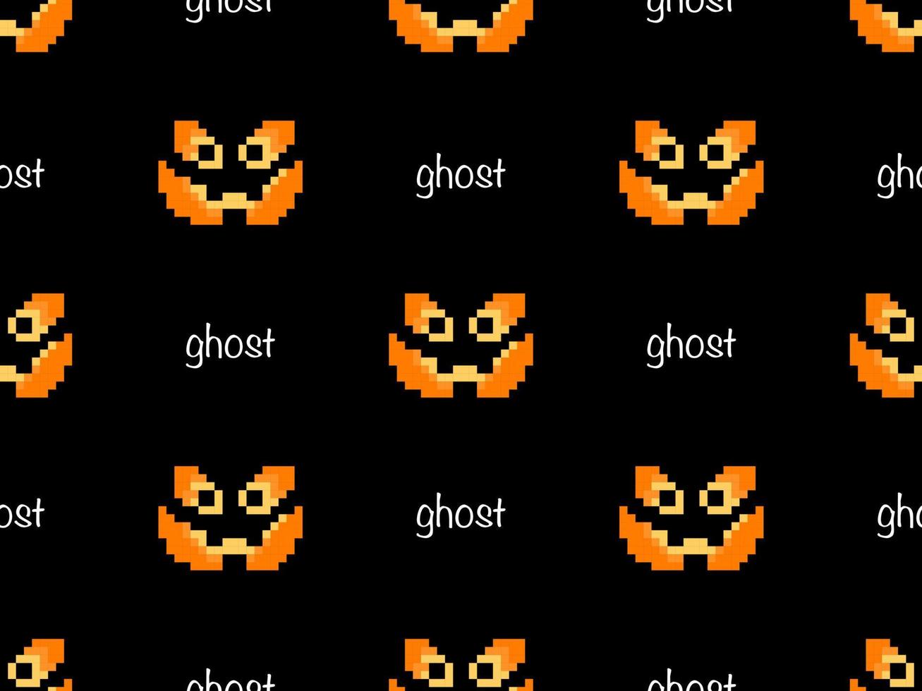 Ghost cartoon character seamless pattern on black background.  Pixel style vector