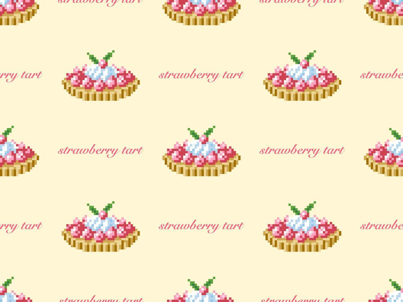 Strawberry tart cartoon character seamless pattern on yellow background. Pixel style vector
